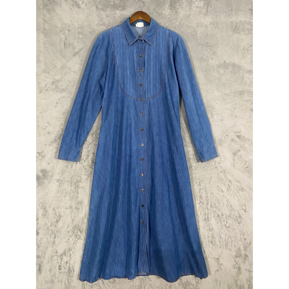 Vermont Country Store Dress Sz 20 Blue Denim Maxi Pintuck Button Front *Flaw*